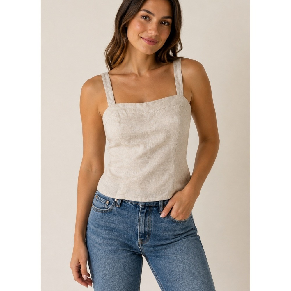 Quince 100% Linen Smocked Back Zipper Camisole Tank Top Oatmeal Beige Small